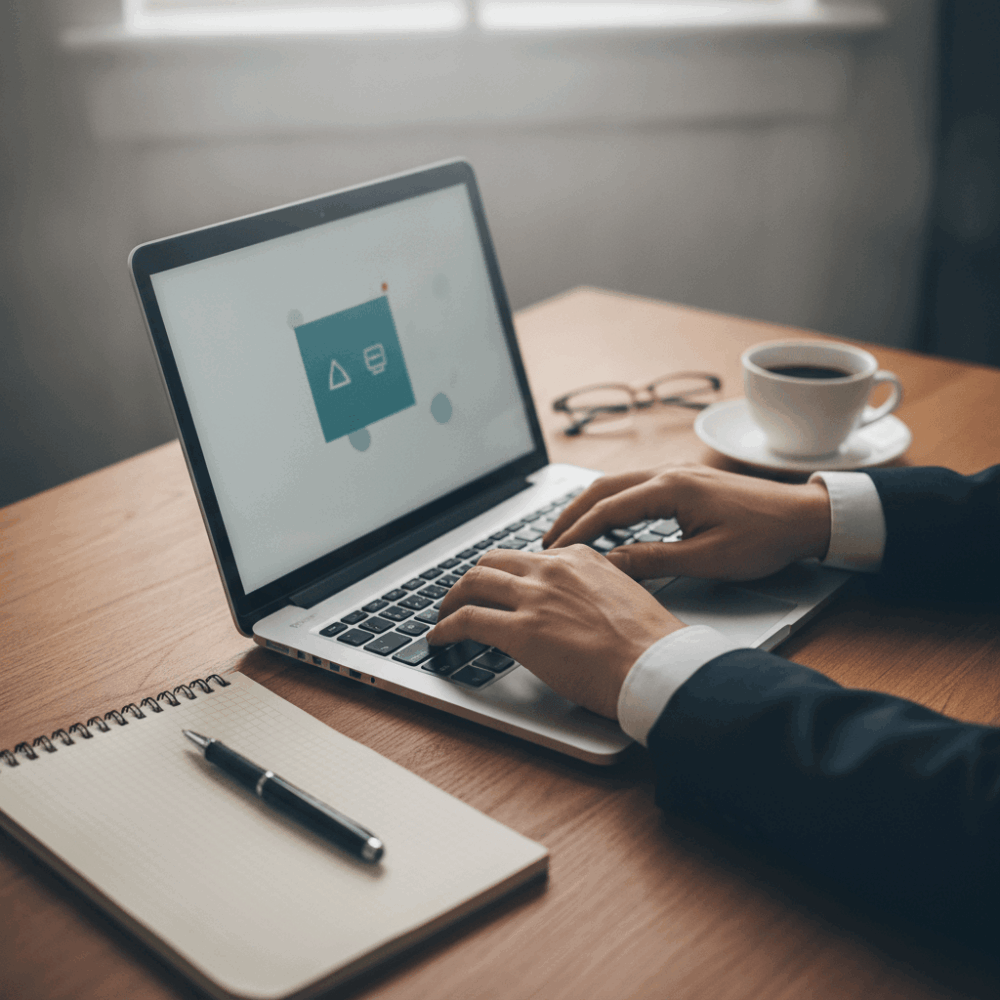 Mains utilisant un ordinateur portable pour consulter une plateforme officielle d'accès au droit