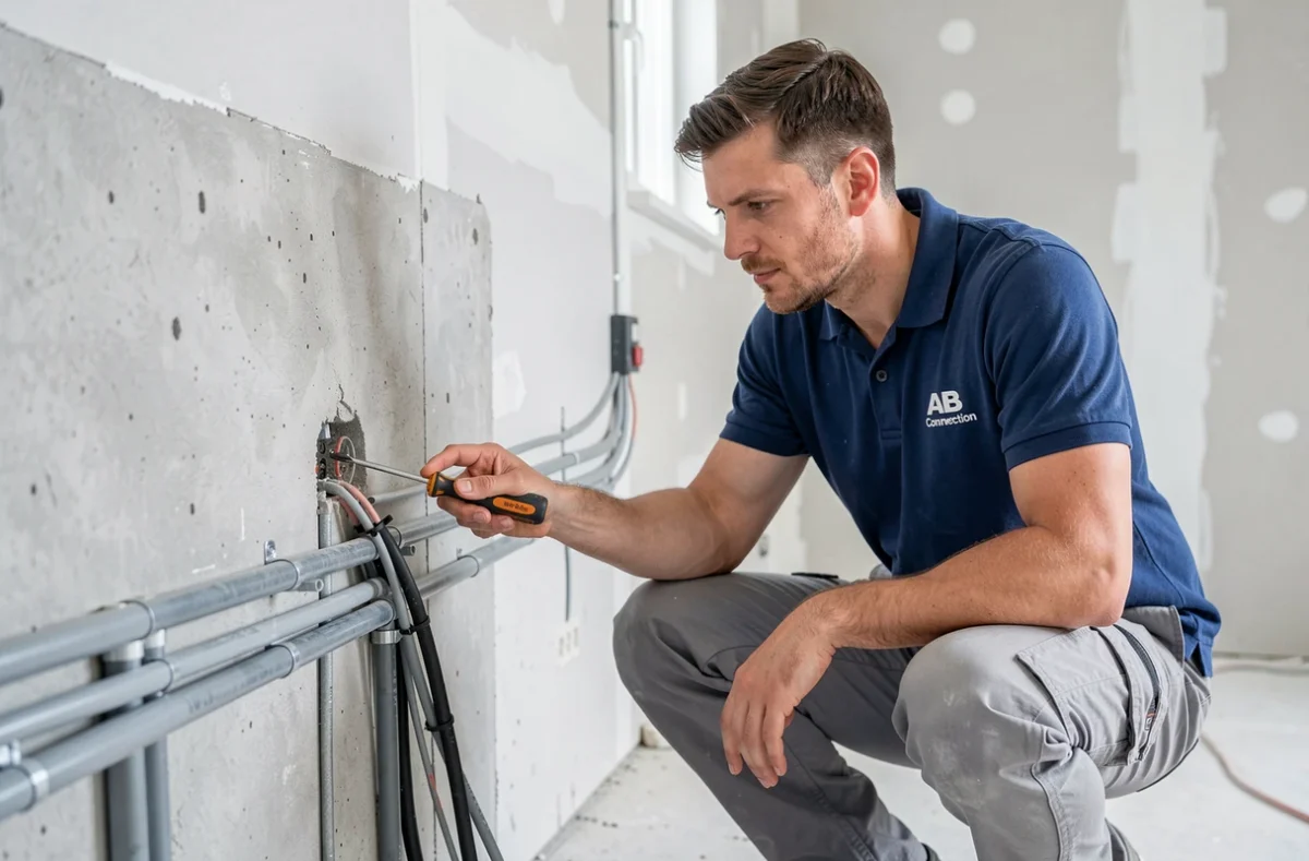 Électricien d'AB Connection installant des conduits électriques lors d'une rénovation résidentielle