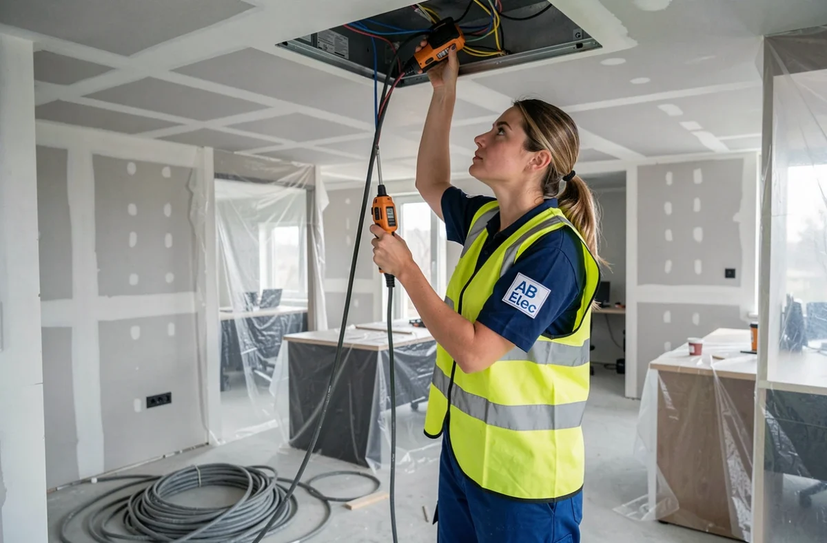 Électricienne AB Élec réalisant un raccordement électrique dans un bureau en rénovation dans le Nord