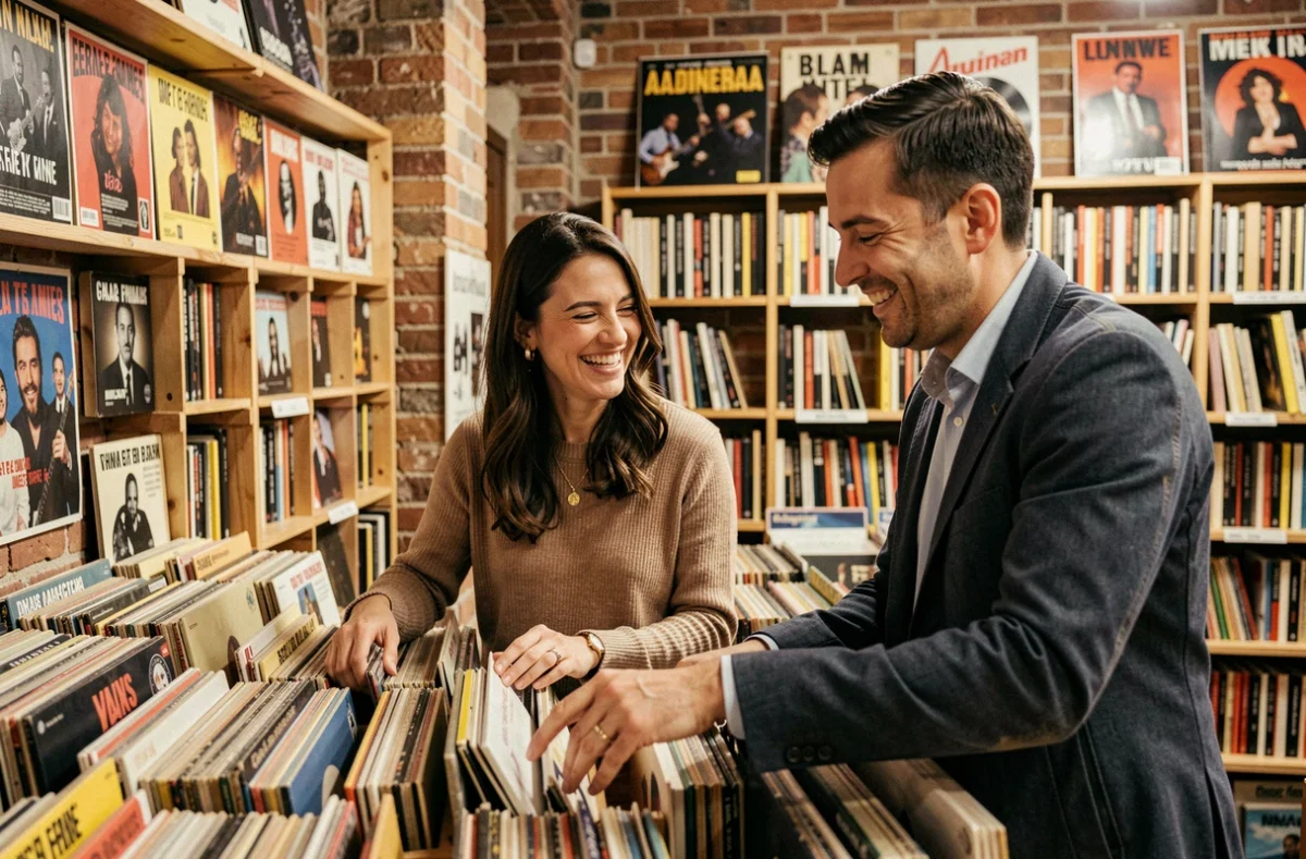 Deux collègues qui décompressent après le travail en écoutant des vinyles dans un disquaire indépendant de Lyon Presqu'île
