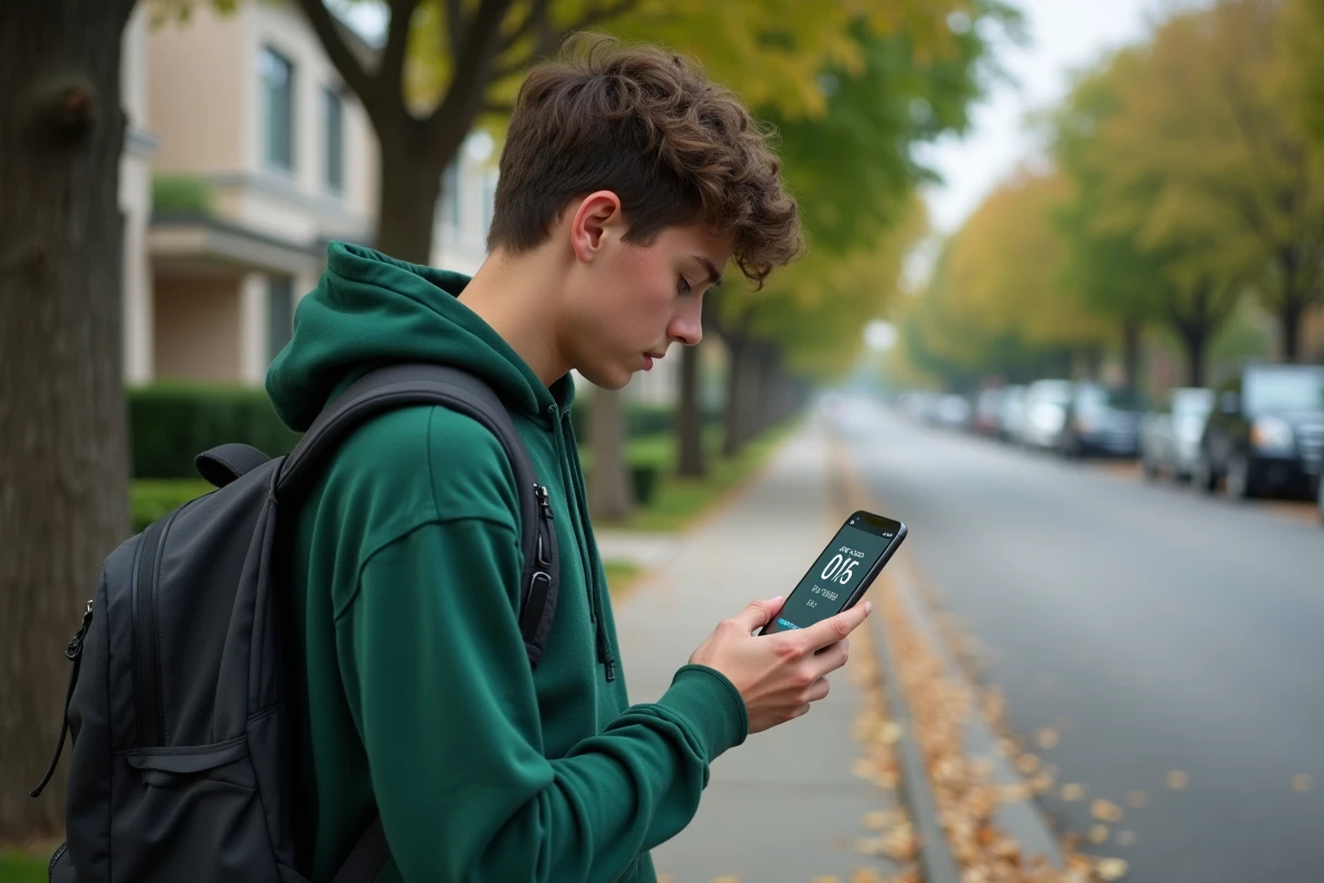 Adolescent consultant une application de conversion miles en kilomètres sur son smartphone dans la rue