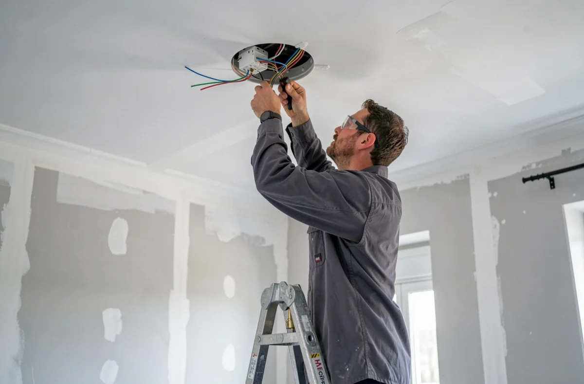 Électricien d'AH Electricité raccordant un luminaire au plafond lors d'une rénovation d'appartement