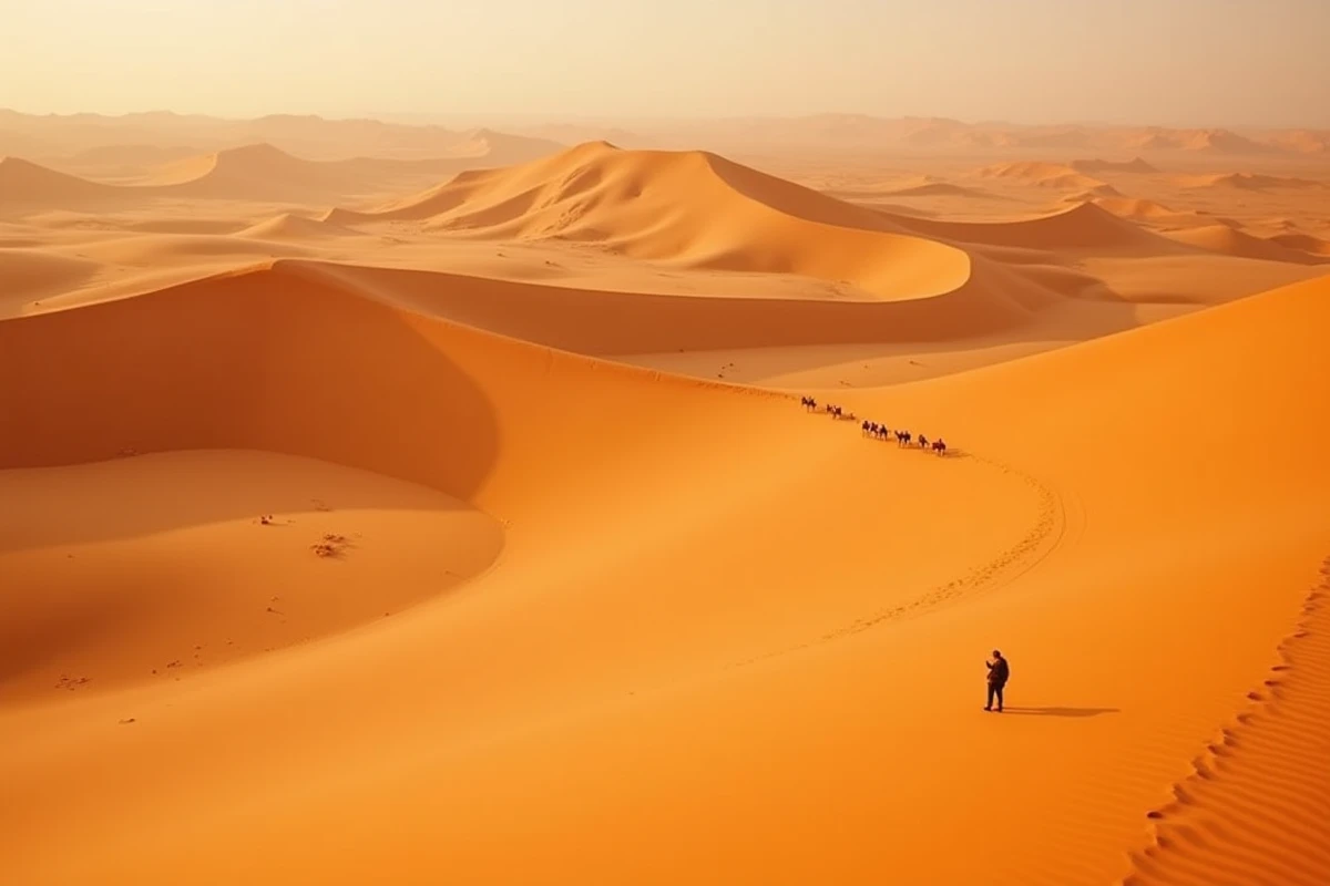 Dunes de sable orangées du Sahara algérien avec une caravane de chameaux illustrant le premier pays d'Afrique par la superficie