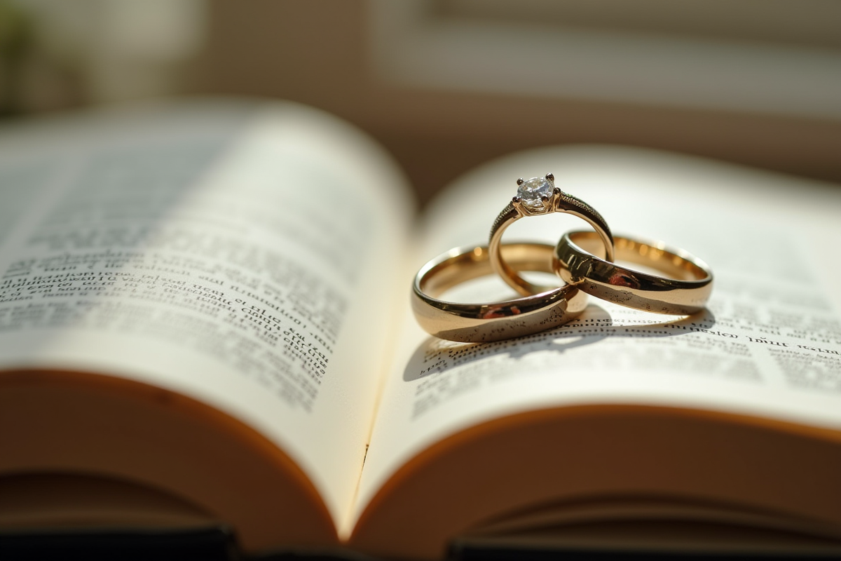 Alliances de mariage sur un livre avec le chiffre 22 en évidence