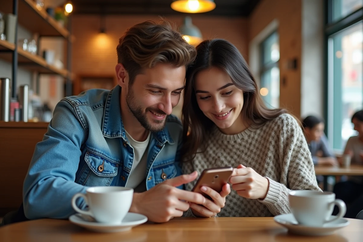Deux amis discutant du choix entre Lelscans et Lelmanga sur un smartphone dans un café