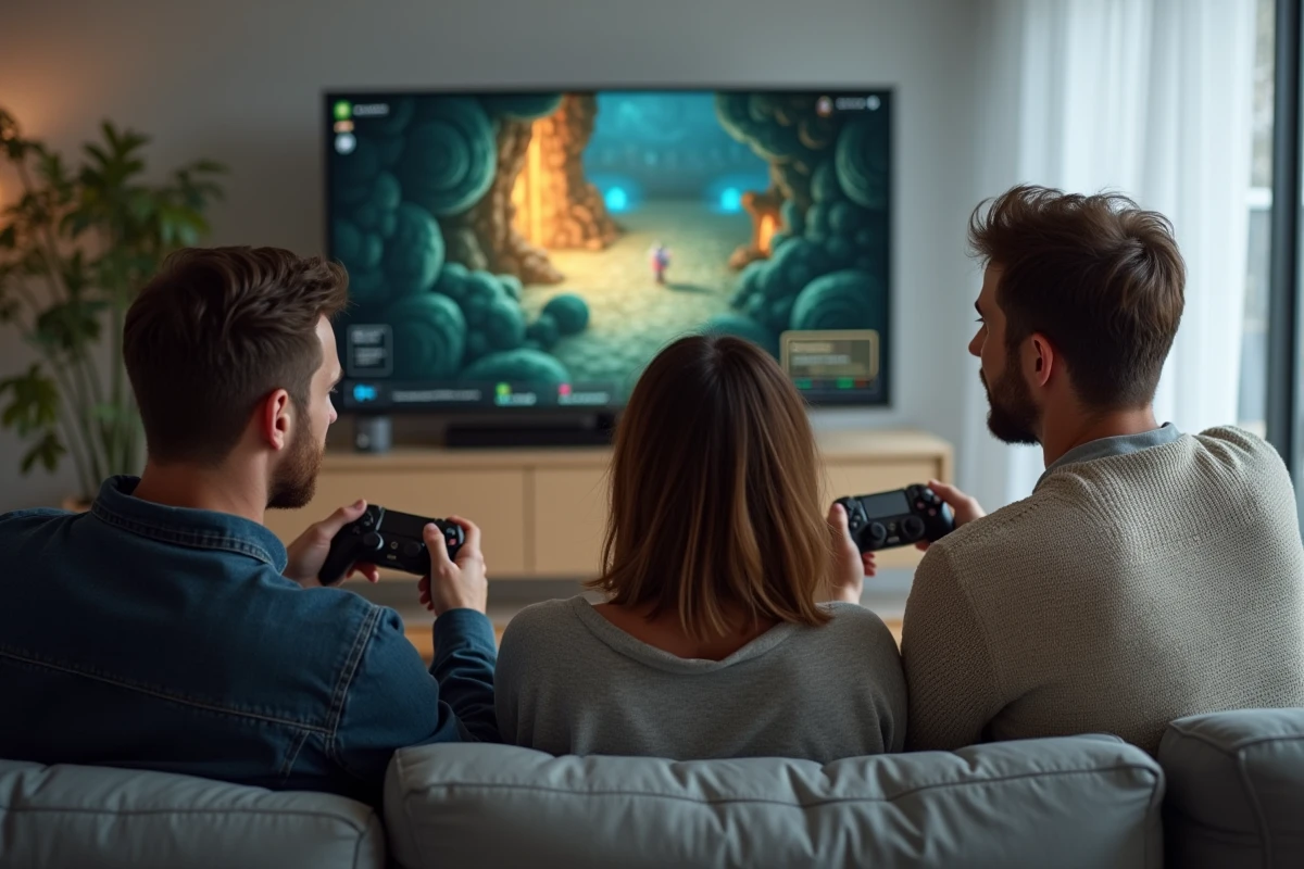 Trois amis en train de planifier des rôles d'équipe devant un grand écran affichant un jeu RPG fantastique en coopération