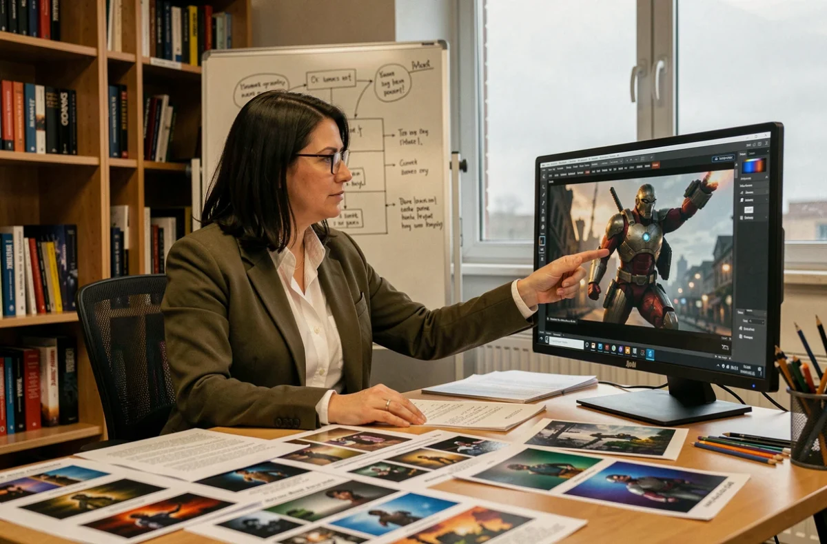 Professeure de cinéma décortiquant des storyboards et des captures d'écran de films Marvel dans une salle de montage universitaire