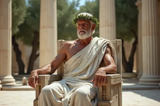 Homme grec ancien assis sur un trone en marbre avec couronne de laurier