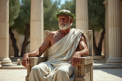 Homme grec ancien assis sur un trone en marbre avec couronne de laurier