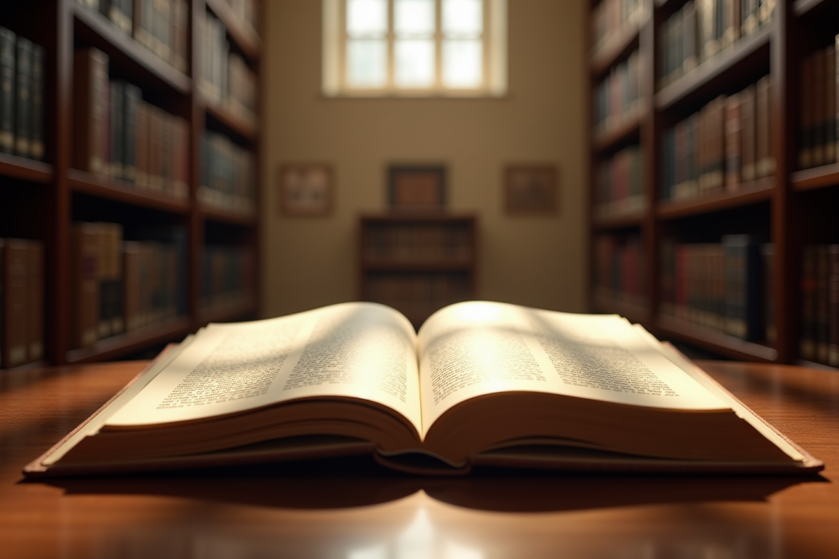 Livre de code civil ouvert dans une vieille bibliothèque ensoleillee