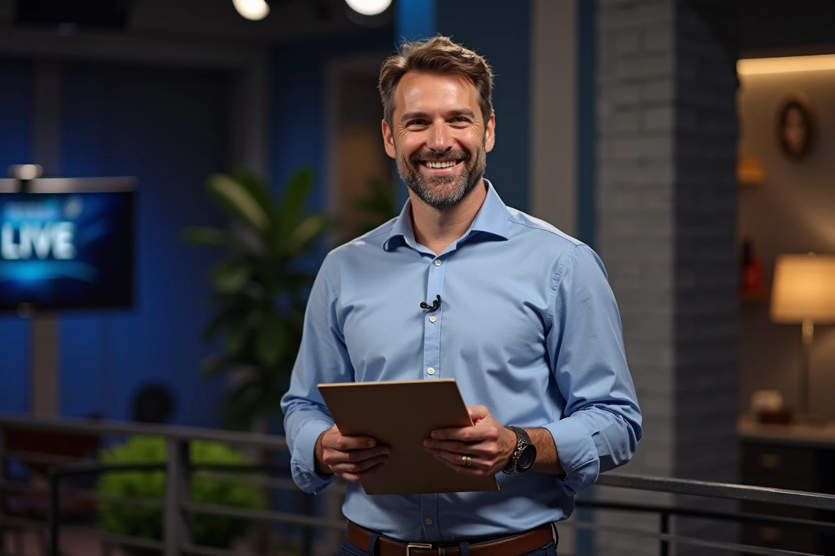 Animateur tv souriant prêt à présenter un panel en studio