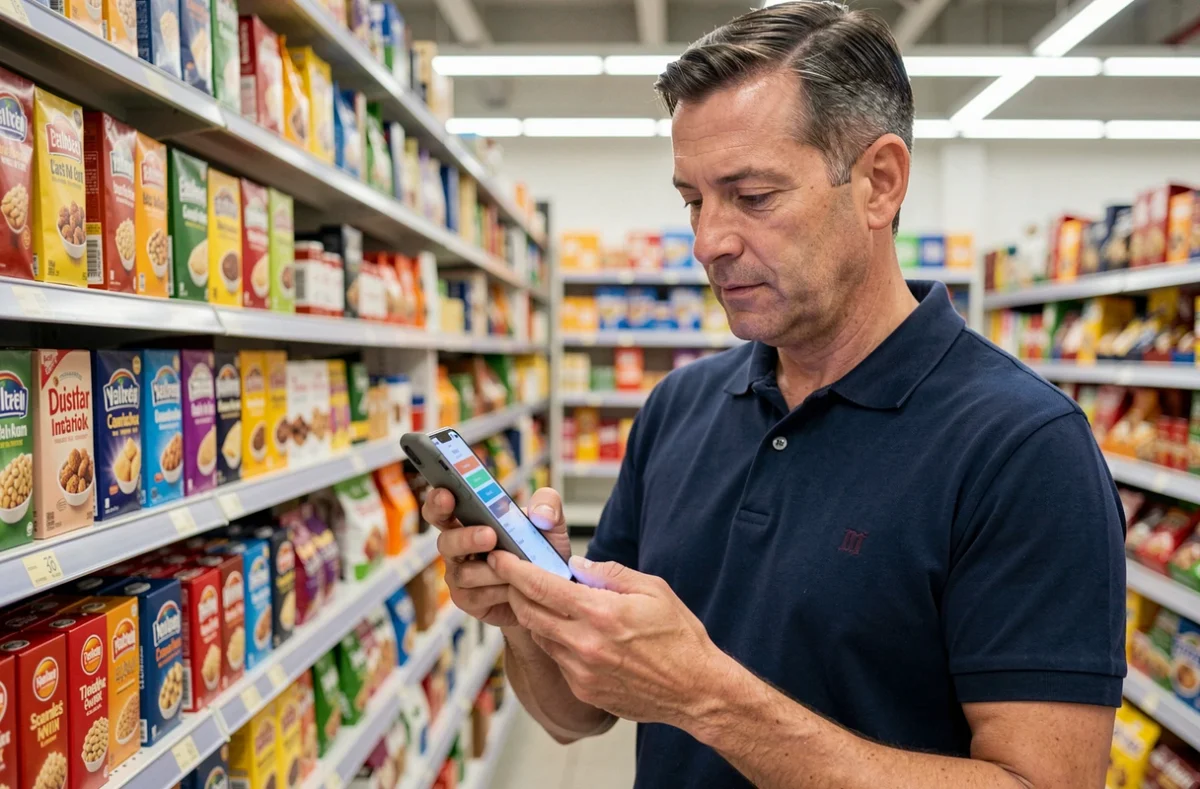 Homme utilisant une application cashback sur smartphone dans un rayon de supermarché pour économiser sur ses achats
