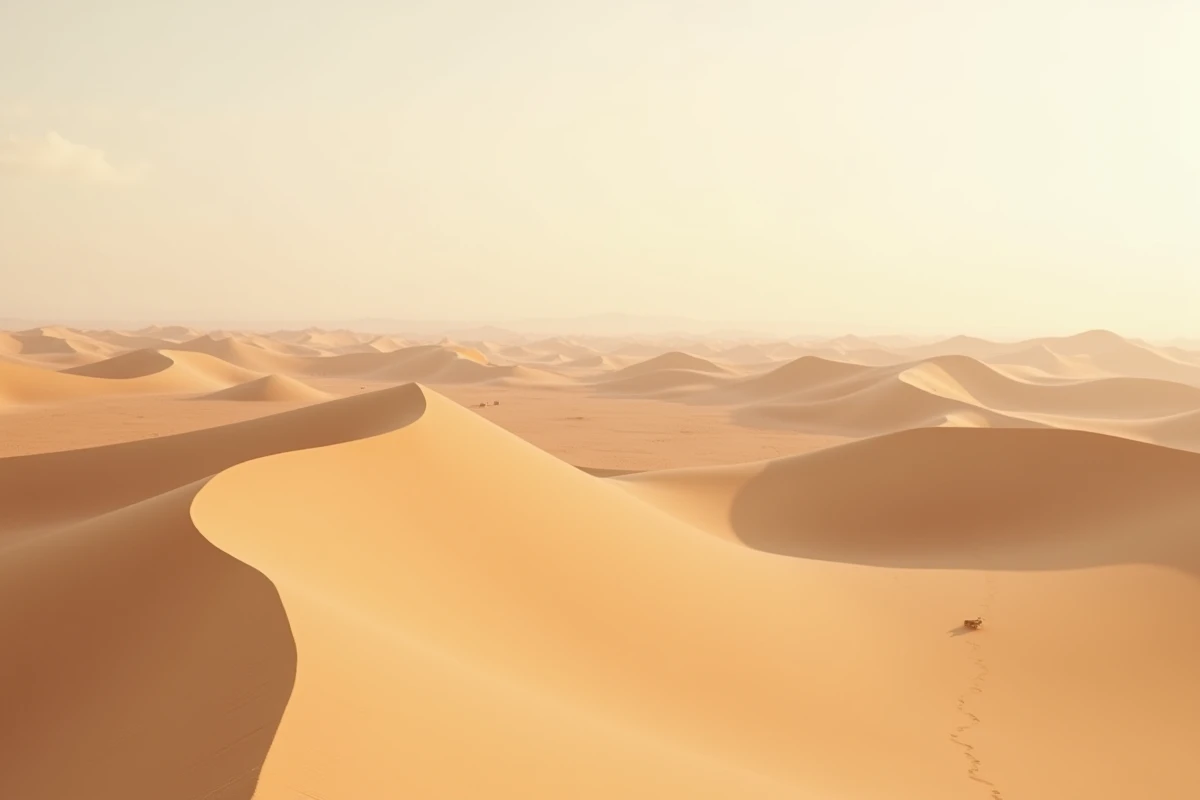 Désert du Quart Vide en Arabie Saoudite avec des dunes de sable dorées s'étendant à l'infini sous un ciel pâle