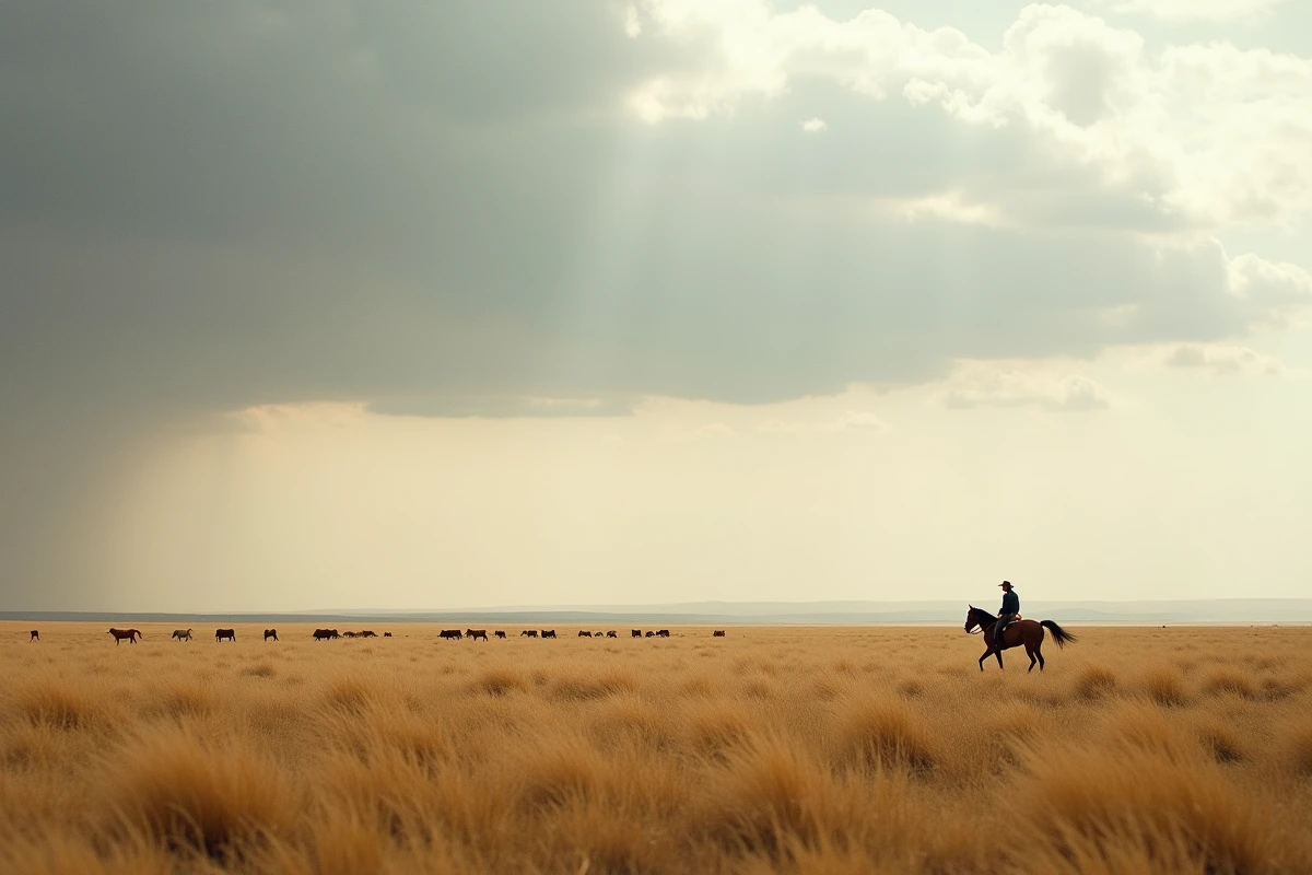 Les plaines infinies de la Pampa argentine avec un gaucho à cheval et un troupeau de bétail sous un vaste ciel nuageux