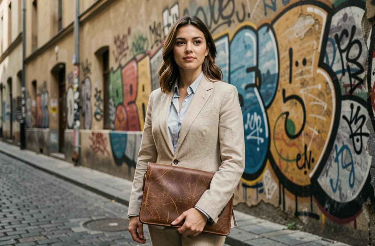 Jeune artiste femme tenant un portfolio devant une fresque murale colorée dans une ruelle européenne pavée, illustrant l'emploi artistique à l'étranger
