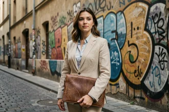 Jeune artiste femme tenant un portfolio devant une fresque murale colorée dans une ruelle européenne pavée, illustrant l'emploi artistique à l'étranger