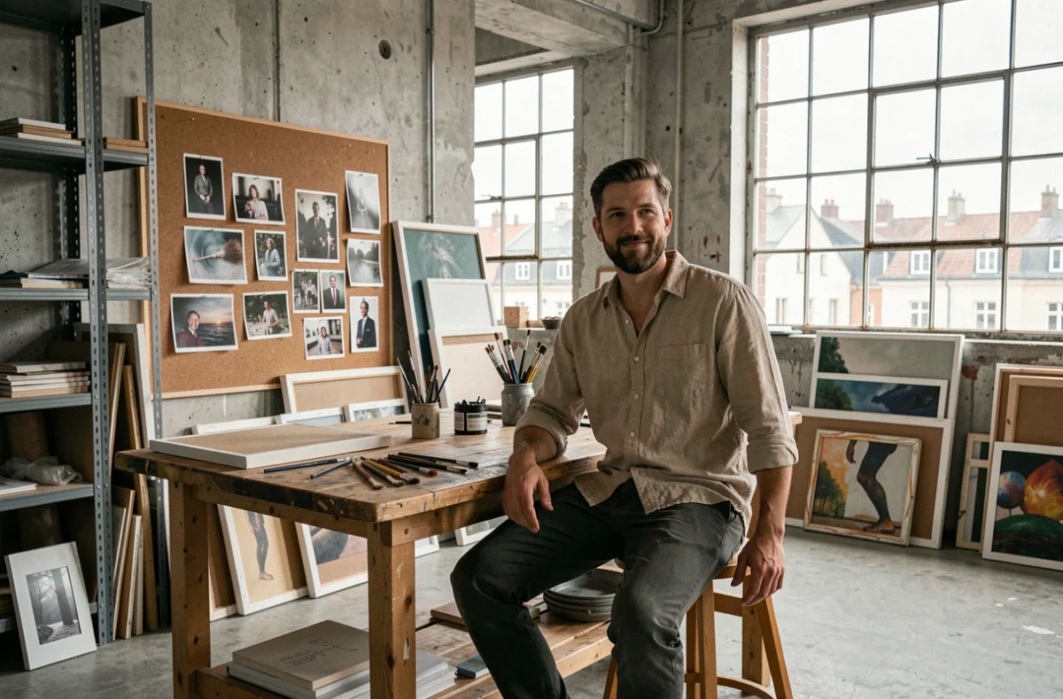 Artiste masculin travaillant dans un atelier de résidence internationale à l'étranger, entouré de toiles et matériaux créatifs dans un espace industriel