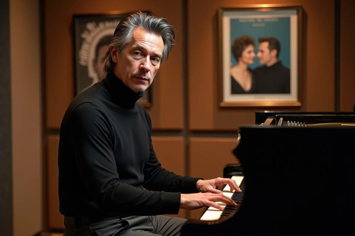 Artiste masculin en studio d'enregistrement assis devant un piano, plongé dans une réflexion créative nourrie par ses expériences sentimentales