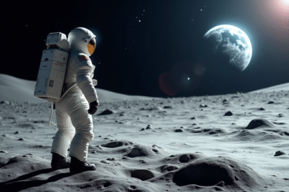 Astronaute sur la lune regardant la Terre dans le ciel