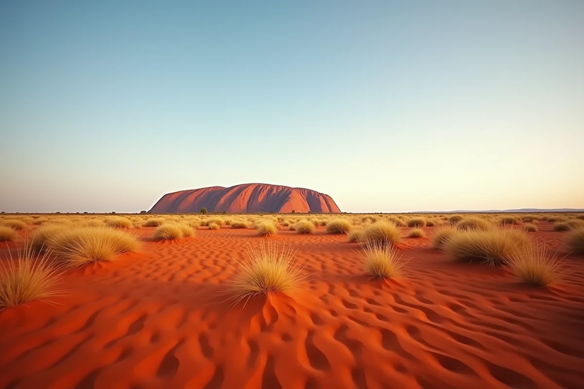 Désert rouge de l'Outback australien avec Uluru visible à l'horizon illustrant l'immensité du continent australien