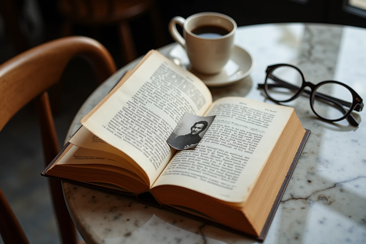 Biographie ouverte sur une table en bois avec une tasse de café et des lunettes de lecture, photographie personnelle en guise de marque-page