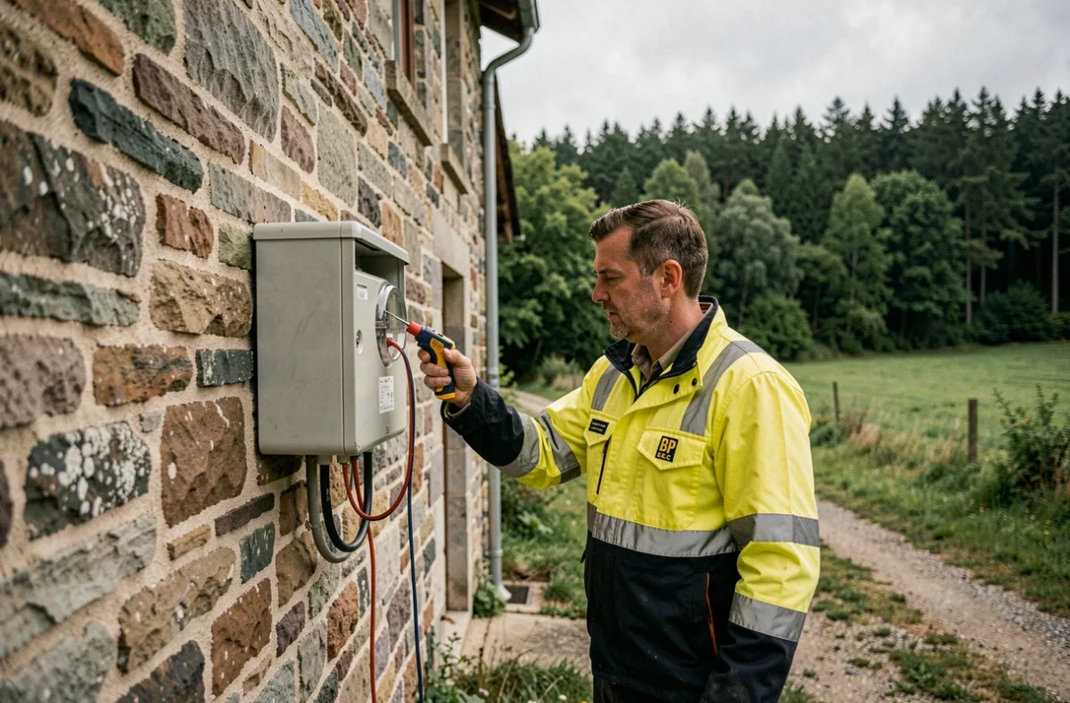 Électricien de BP Elec contrôlant un compteur électrique extérieur sur une ferme des Ardennes