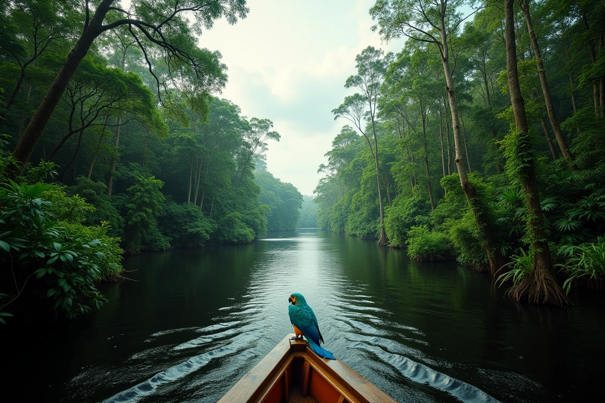 Forêt amazonienne brésilienne vue depuis un bateau sur le fleuve avec une végétation dense et un ara coloré en premier plan