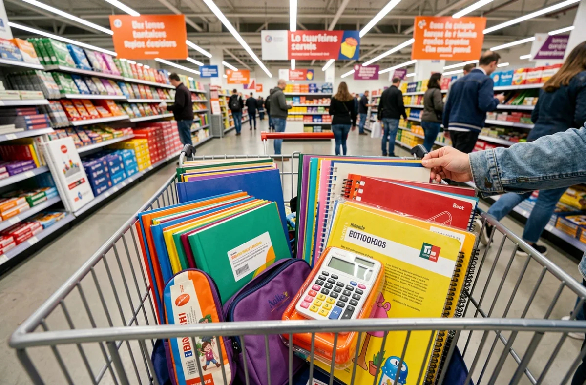 Caddie rempli de fournitures scolaires en promotion dans un hypermarché Leclerc pour la rentrée scolaire 2026