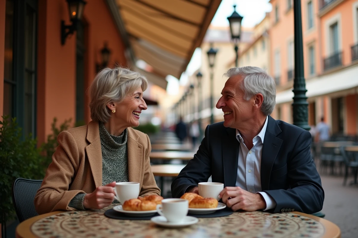 Couple au café terrasse à Toulouse partageant un moment convivial