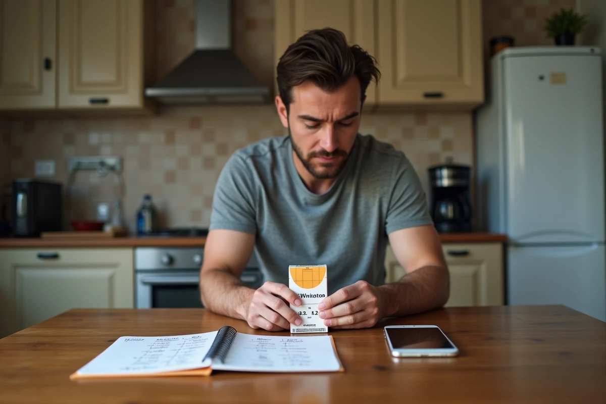 Homme calculant ses économies sur le prix des cigarettes Winston en Allemagne avec bloc-notes et smartphone