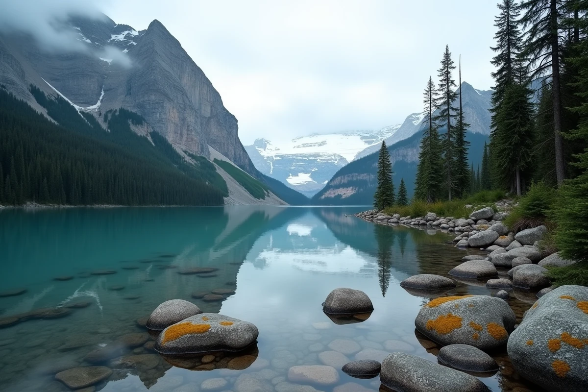 Lac canadien entouré de forêts de conifères et de montagnes enneigées illustrant les grands espaces déserts du Canada