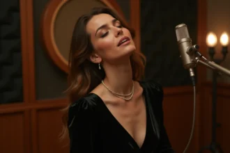 Chanteuse italienne en noir dans un studio vintage