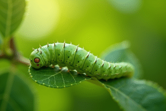 Chenille verte sur une feuille d'arbre à pomme en plein jour