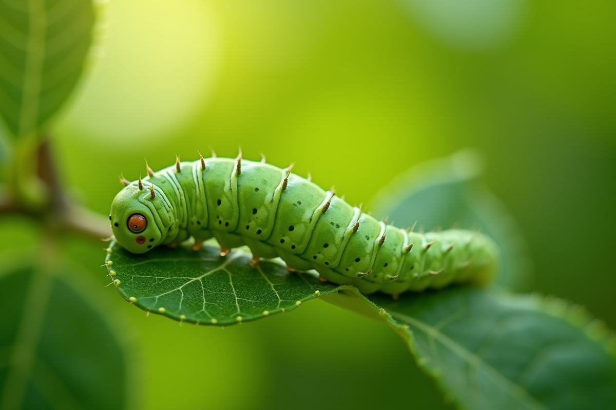 Chenille verte sur une feuille d'arbre à pomme en plein jour