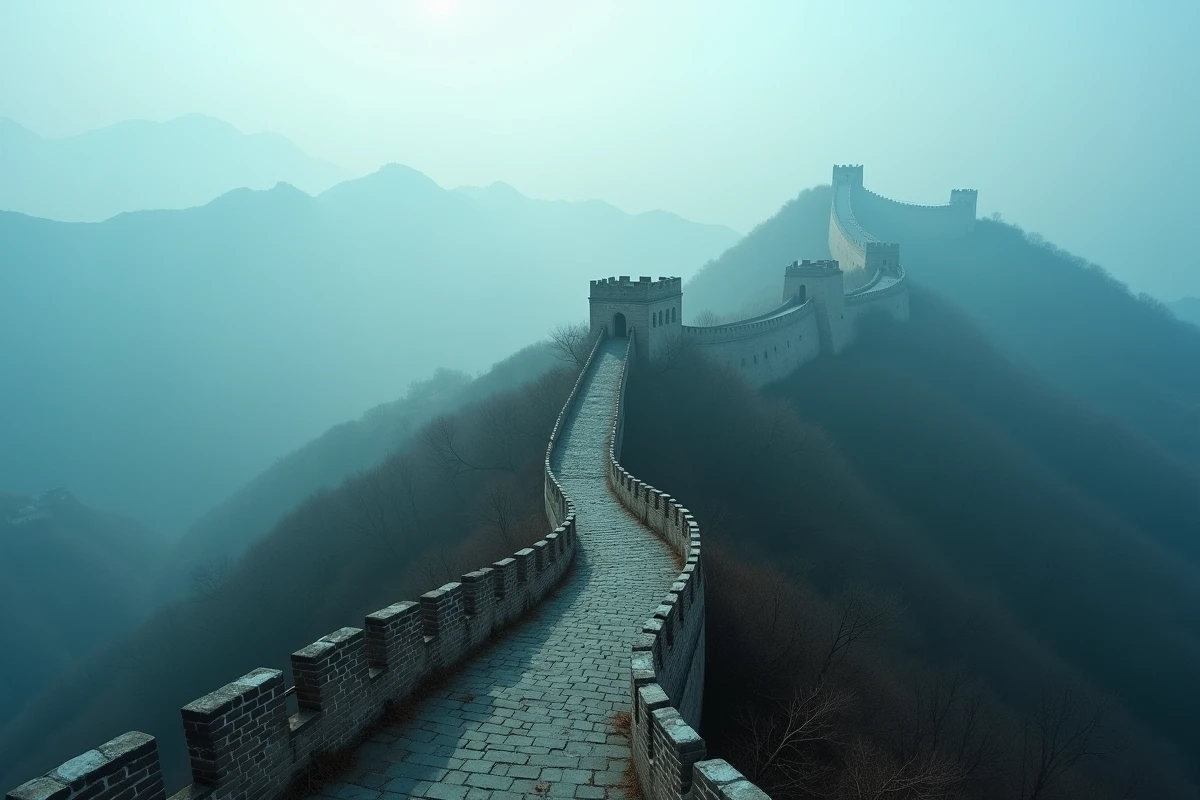 La Grande Muraille de Chine serpentant sur des crêtes montagneuses brumeuses illustrant l'immensité du territoire chinois