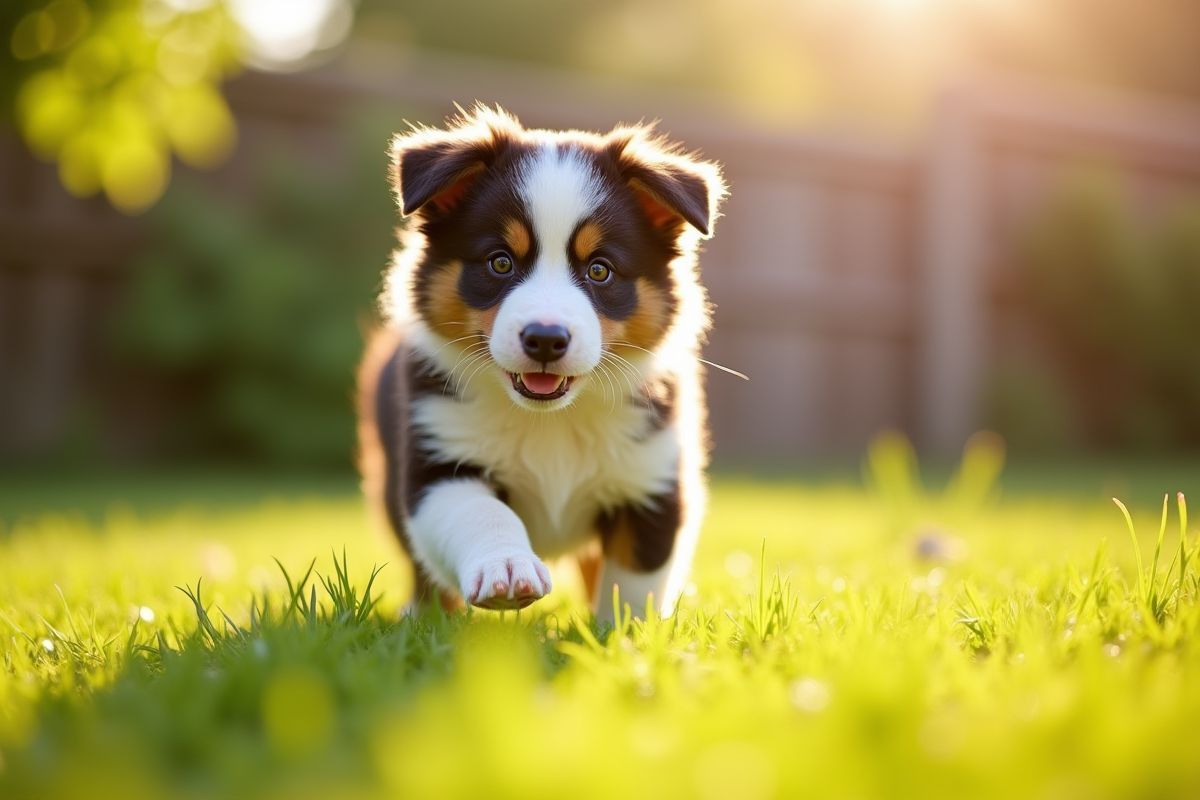 Chiot australian shepherd jouant dans le jardin ensoleille