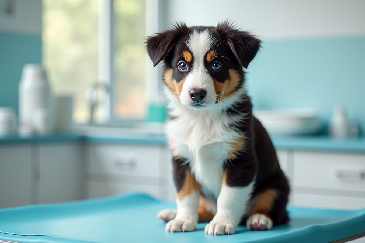 Chiot australian shepherd sur une table de vétérinaire