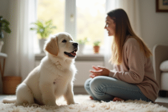 Chiot golden retriever blanc assis près d'une femme dans un salon lumineux