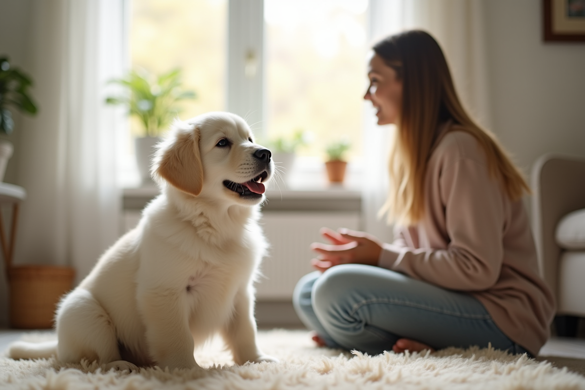 Chiot golden retriever blanc assis près d'une femme dans un salon lumineux