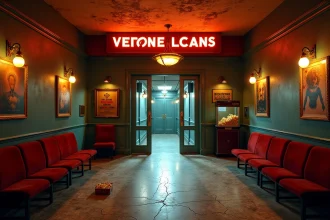 Hall d'un cinéma vintage aux affiches de films d'horreur encadrées et sols en terrazzo usé, ambiance nostalgique et inquiétante