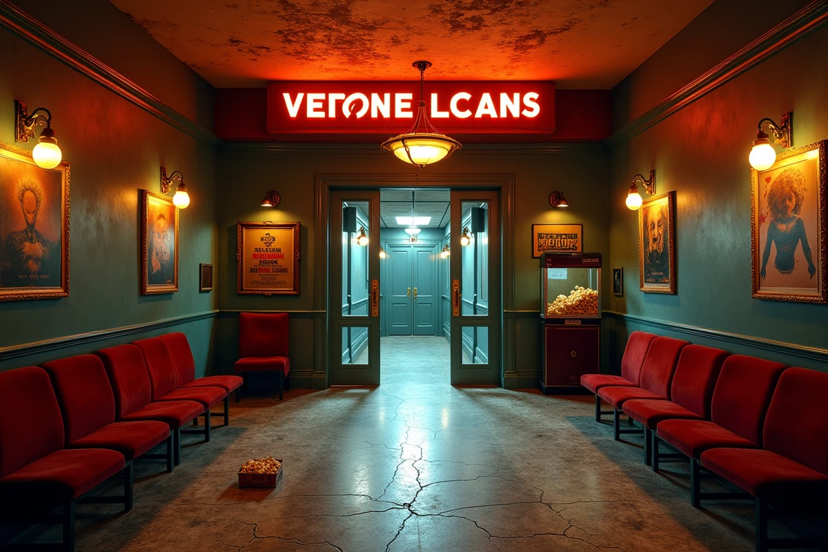 Hall d'un cinéma vintage aux affiches de films d'horreur encadrées et sols en terrazzo usé, ambiance nostalgique et inquiétante