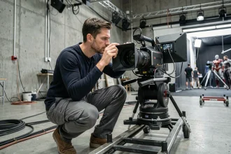 Directeur de la photographie analysant les réglages d'une caméra de cinéma sur un plateau de tournage Marvel