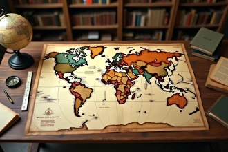 Carte du monde vintage posée sur une table en bois entourée d'un globe terrestre, d'une boussole et de livres de géographie