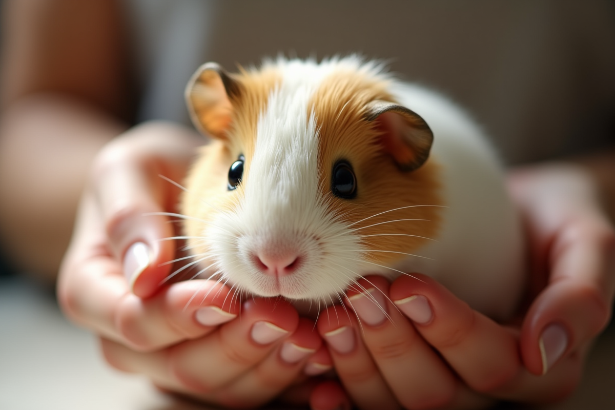 Cochon d'Inde tenu doucement par une main