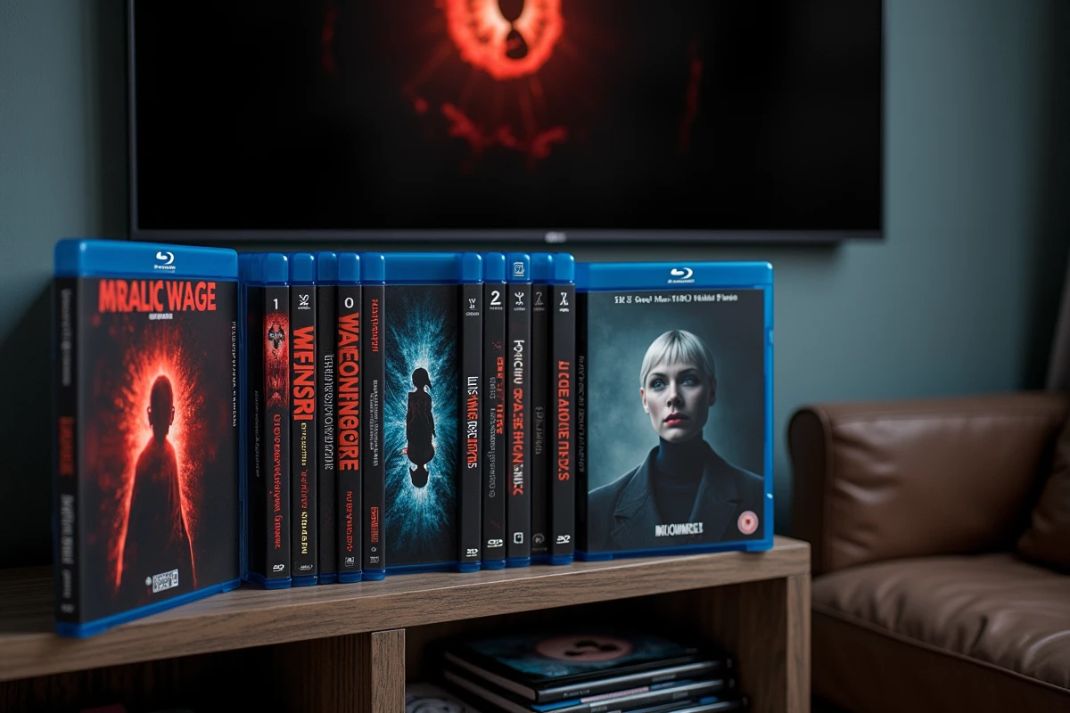 Collection de boîtiers Blu-ray et DVD de films de thriller et d'horreur alignés sur une étagère en bois dans une salle de cinéma maison