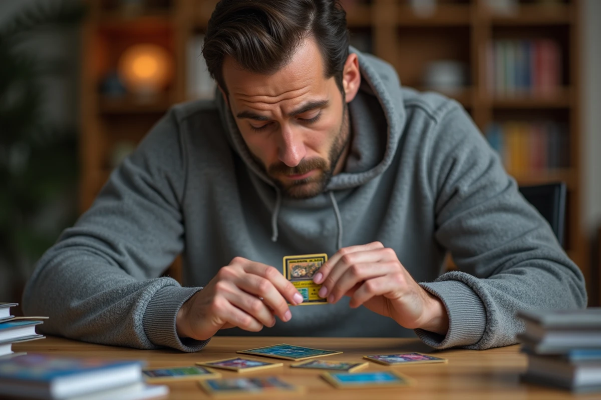 Collectionneur adulte examinant une carte Pokémon holographique à son bureau avec des classeurs et protège-cartes bien organisés