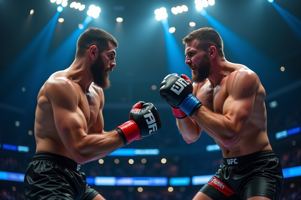 Deux combattants MMA en plein combat dans l'arène