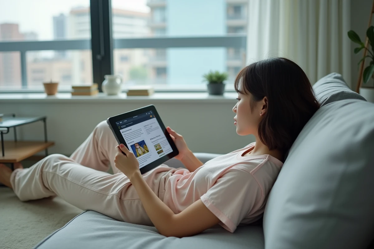 Jeune femme comparant des plateformes de lecture de manga sur une tablette allongée dans un salon moderne