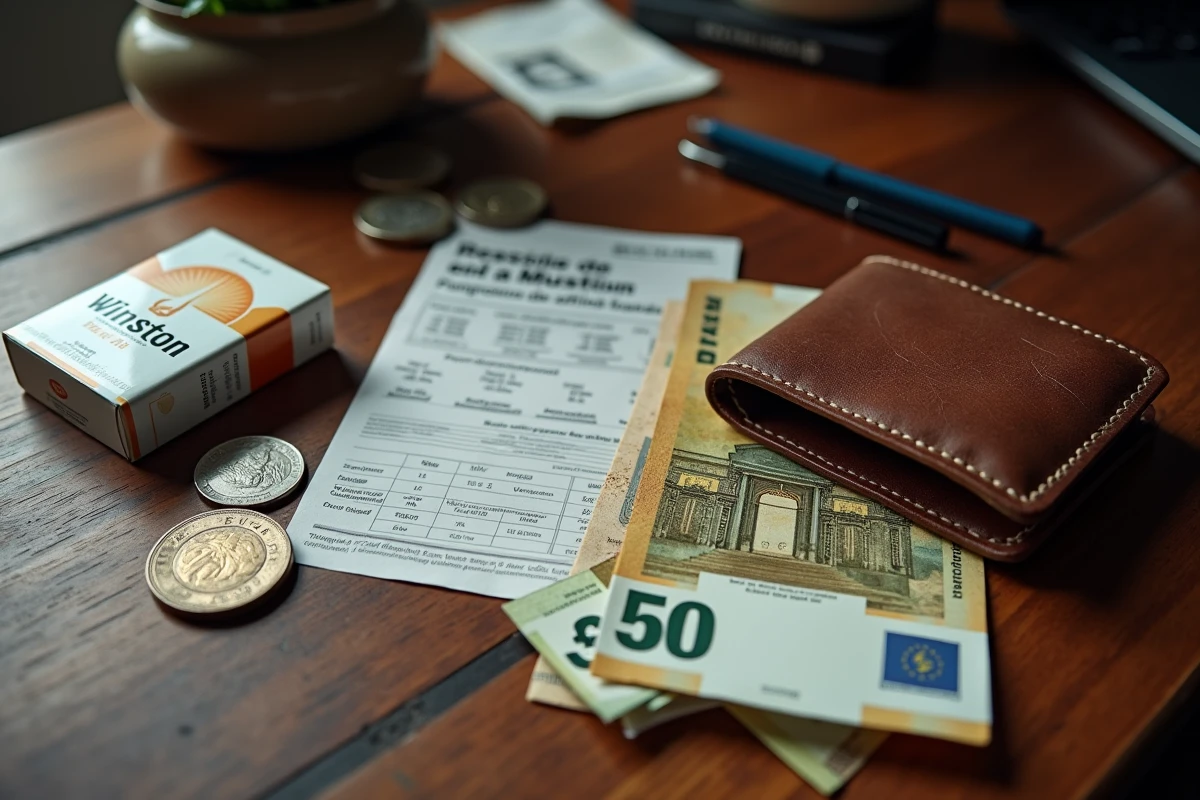 Vue du dessus d'un bureau avec paquet de cigarettes Winston, euros et tableau comparatif des prix France Allemagne