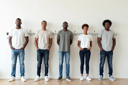 Groupe de cinq adultes de tailles différentes debout côte à côte contre un mur blanc avec une règle de mesure, illustrant les variations de taille moyenne par pays